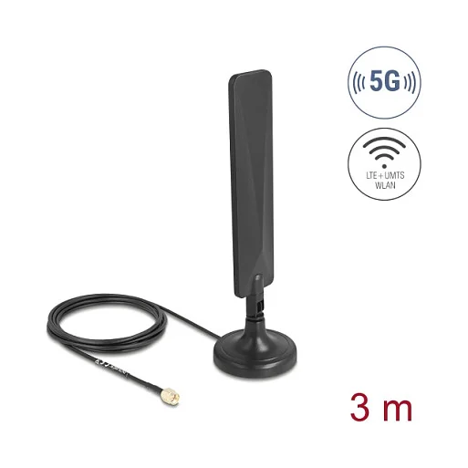 5G LTE Antenne SMA Stecker 3 dBi omnidirektional mit Anschlusskabel RG-174 3 m mit Kippgelenk mit magnetischem Standfuß schwarz