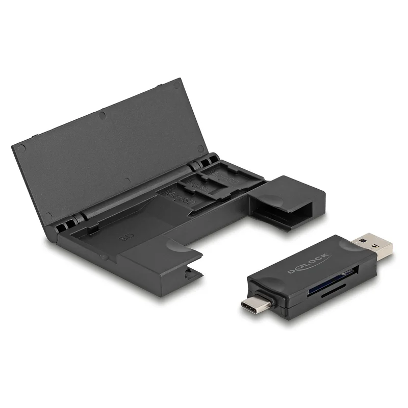 Card Reader USB 5 Gbps USB Type-C™ / Typ-A für SD und Micro SD Speicherkarten mit praktischem Speicherkarten Etui - schwarz