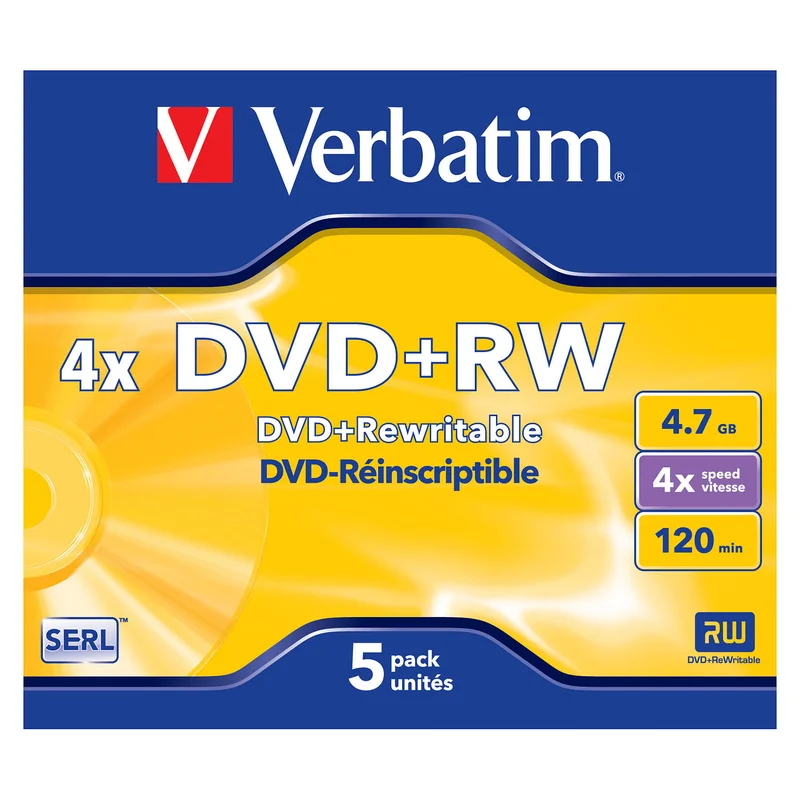 1x5 Verbatim DVD+RW 4,7GB 4x Speed, matt silver Jewel Case