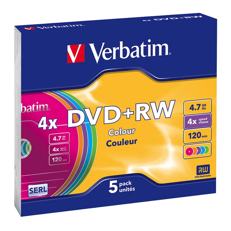 1x5 Verbatim DVD+RW 4,7GB 4x Speed Colour Surface Slimcase