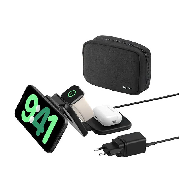 Belkin Wireless Charger mit QI2 (3-in-1), 15W magnetische Reiseladestation mit Power Adapter (36W) + USB-C Kabel (1,5m) einklappbar Schwarz 15W