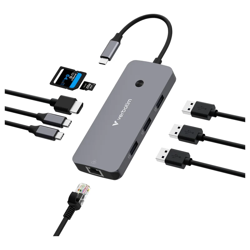 D Verbatim USB-C Pro Multiport-Hub CMH-09, 9 Port (grau, HDMI, RJ-45, 3x USB-A, 2x USB-C, SD, microSD)