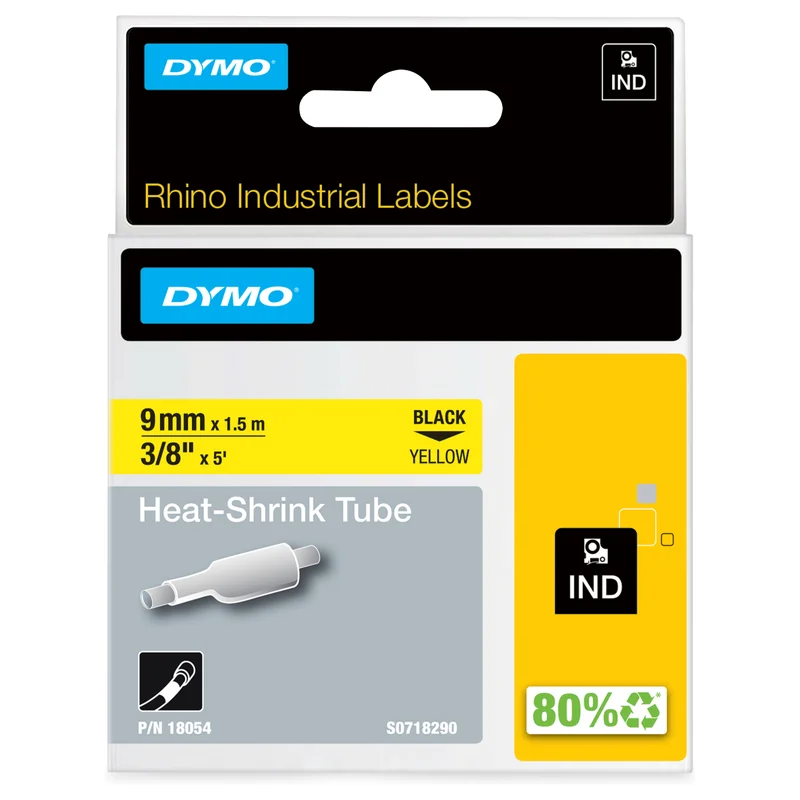 Dymo Rhino ORIGINAL IND Heischrumpfschlauch 9mm x 1,5m, schwarz auf gelb, Etiketten- Schrumpfschlauch (fr Durchmesser 1,73-3,73 mm, 18054)