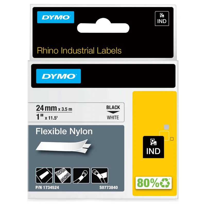 Dymo Rhino Industrie Nylonetiketten | flexibel | 24 mm x 3,5 m | schwarze Schrift auf weißem Untergrund | selbstklebendes Schriftband